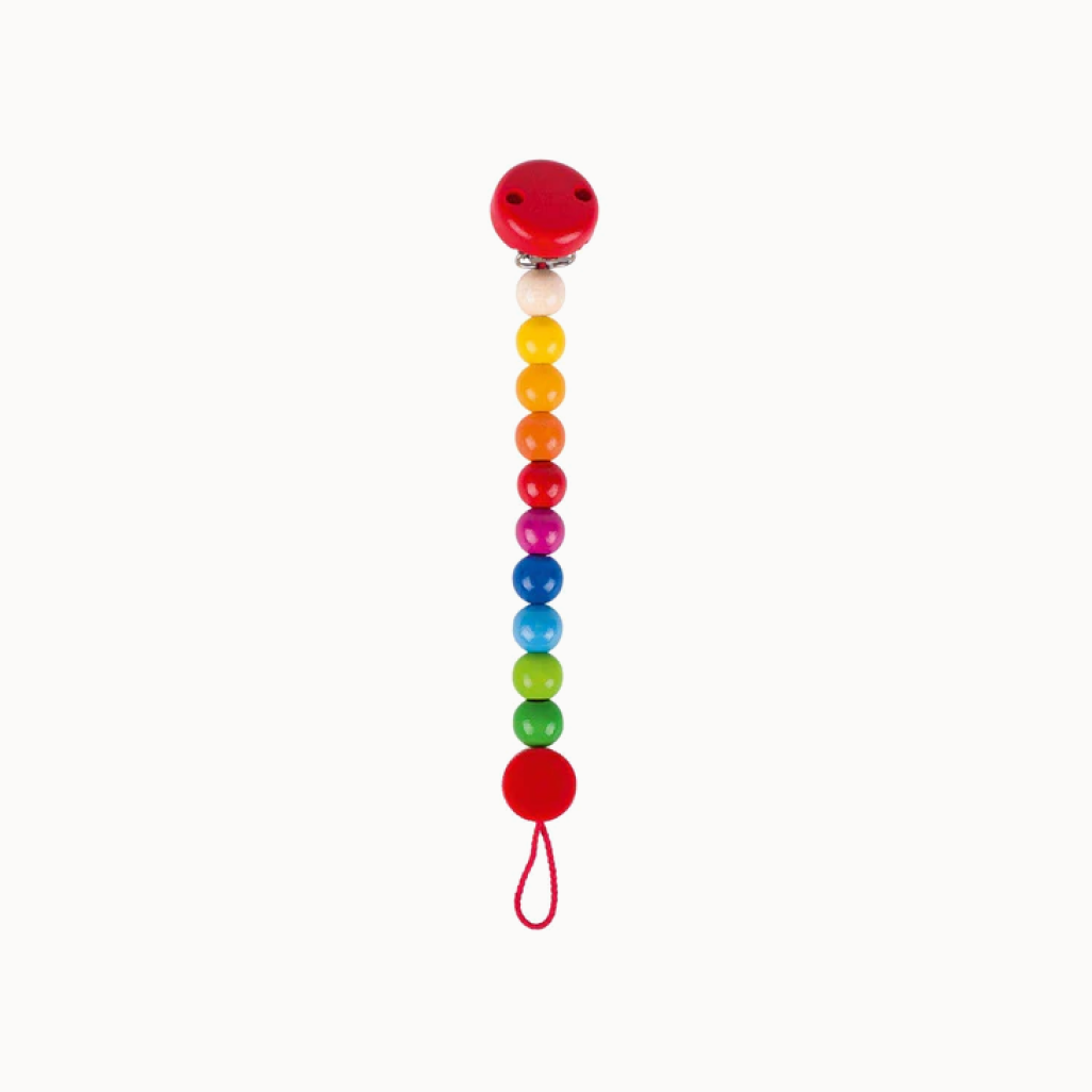 Colorful beaded pacifier clip with a red clip on a white background