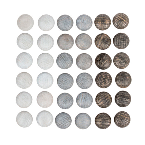 Set of round wooden coasters in various shades of gray and brown on a white background