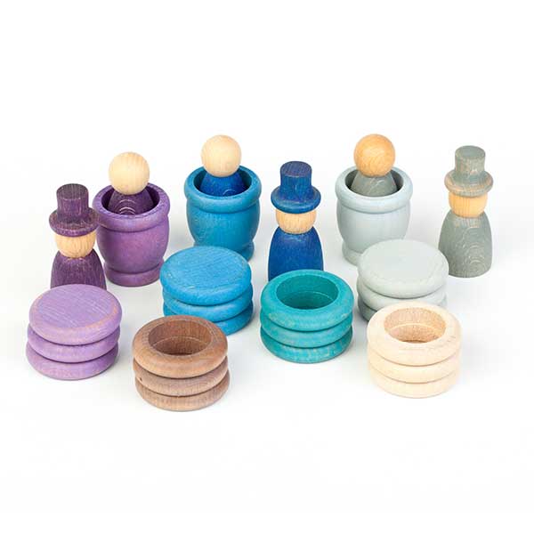 Set of wooden stacking rings in various colors on a white background
