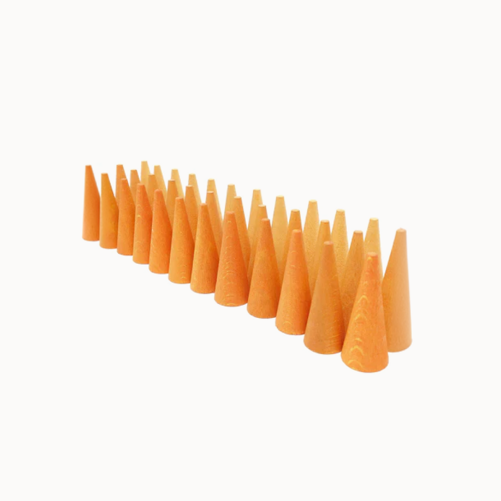 set of orange wooden cones in three rows