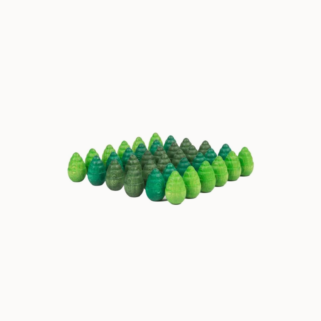 Set of little green wooden tree figures