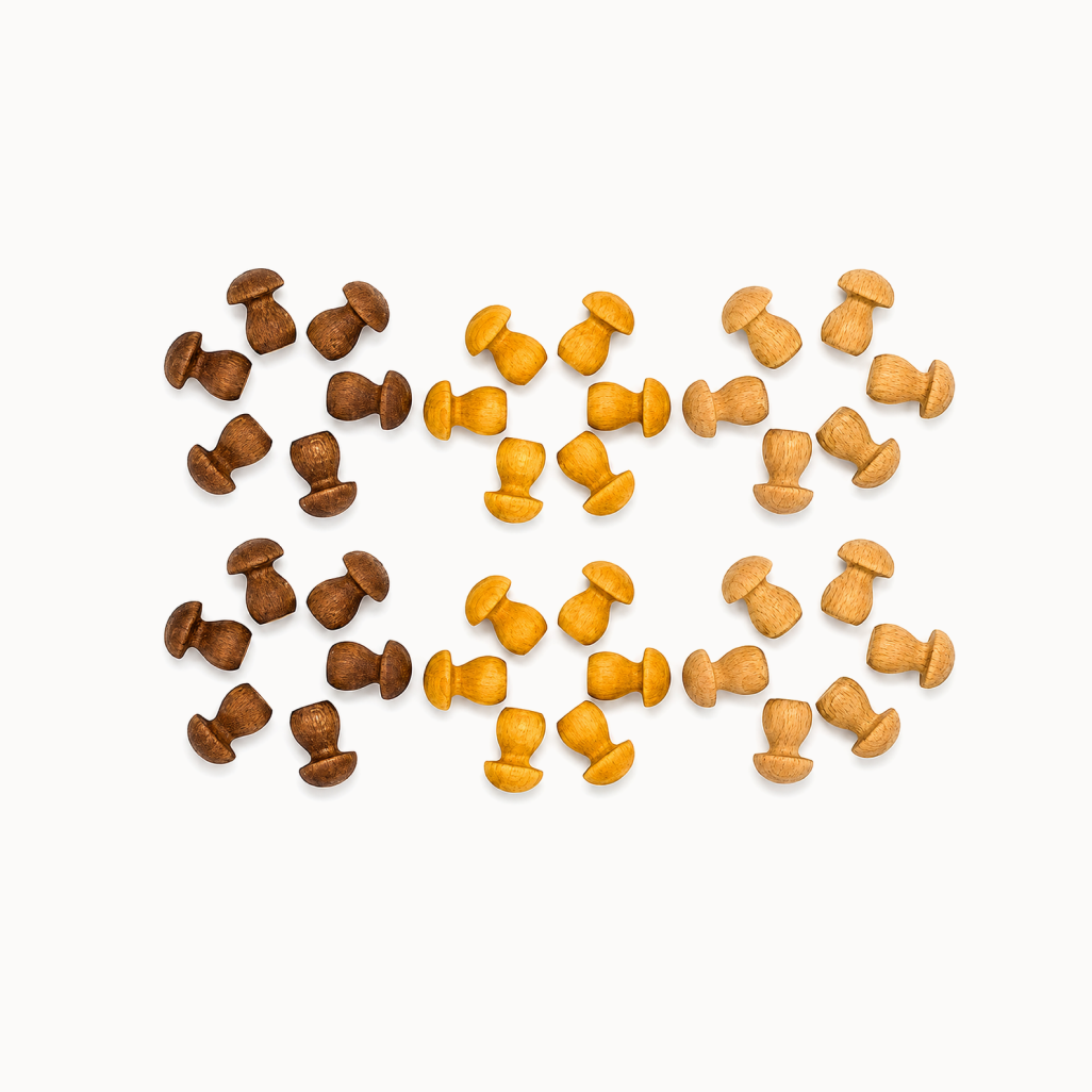 Set of brown and yellow small wooden mushroom figures