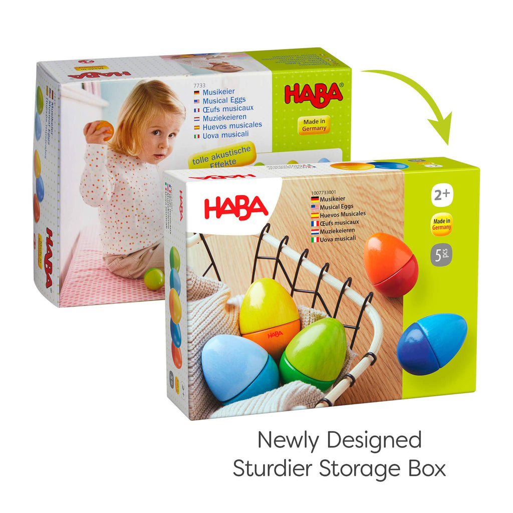 HABA toy packaging with colorful eggs and child playing, on a white background