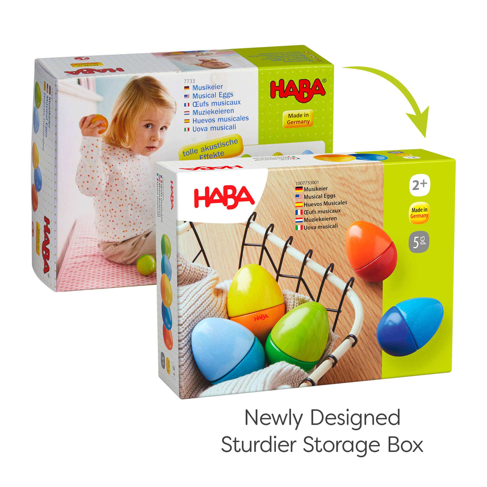 HABA toy packaging with colorful eggs and child playing, on a white background