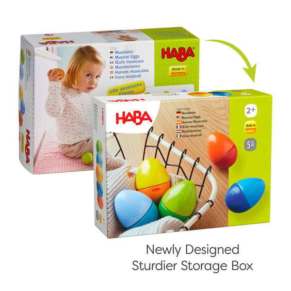 HABA toy packaging with colorful eggs and child playing, on a white background