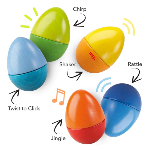 Colorful toy eggs with labeled features on a white background