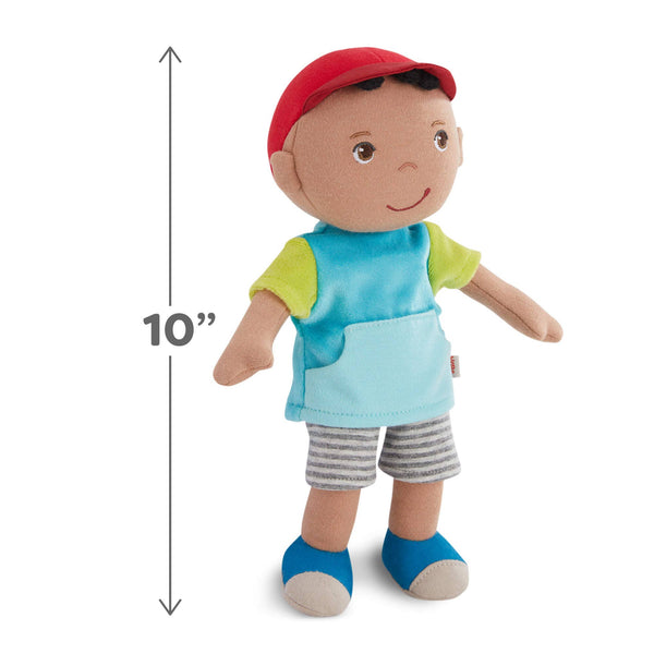 Stuffed toy with a red cap and blue outfit, standing next to a 10-inch measurement label on a white background.