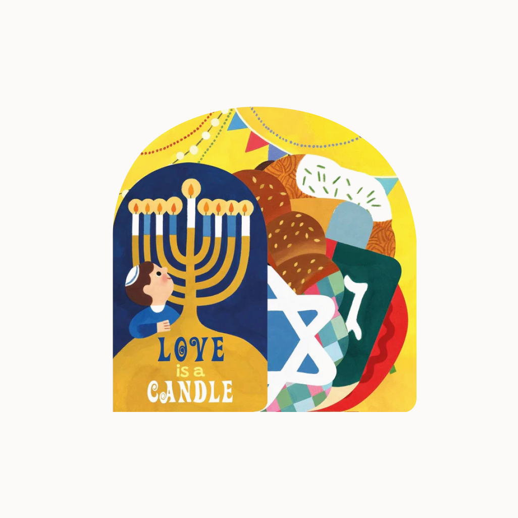 Illustration of a menorah with candles, a star of David, and text 'Love is a Candle' on a colorful background.