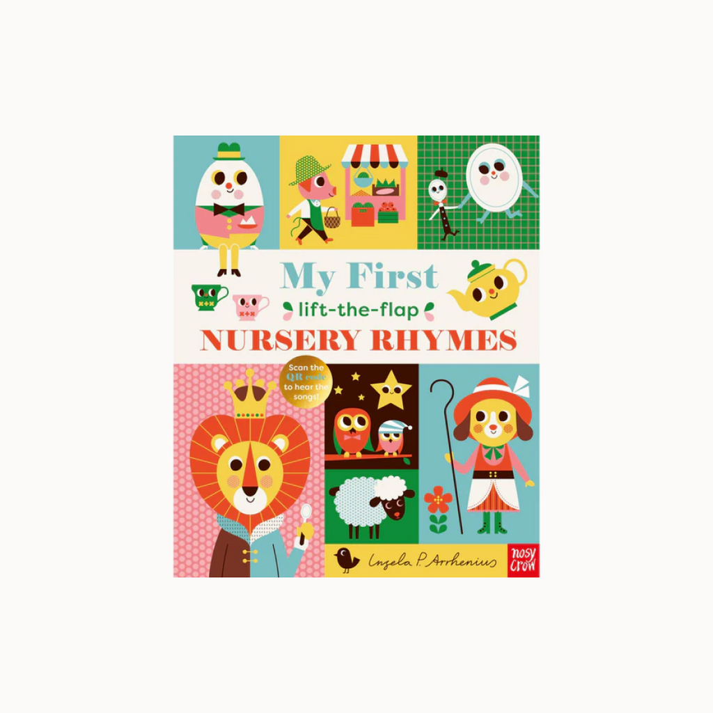 Book cover of 'My First Lift-the-Flap Nursery Rhymes' with colorful illustrations and text.