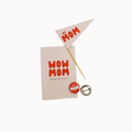 Mother's Day-themed items including a card, flag, buttons, and a pencil on a white background.