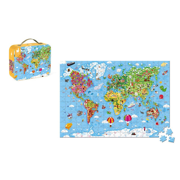 World map puzzle with colorful illustrations and a carrying case on a white background