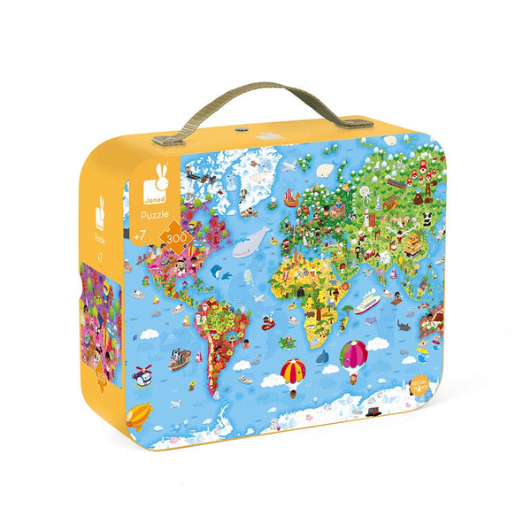 World map puzzle box with colorful design on a white background