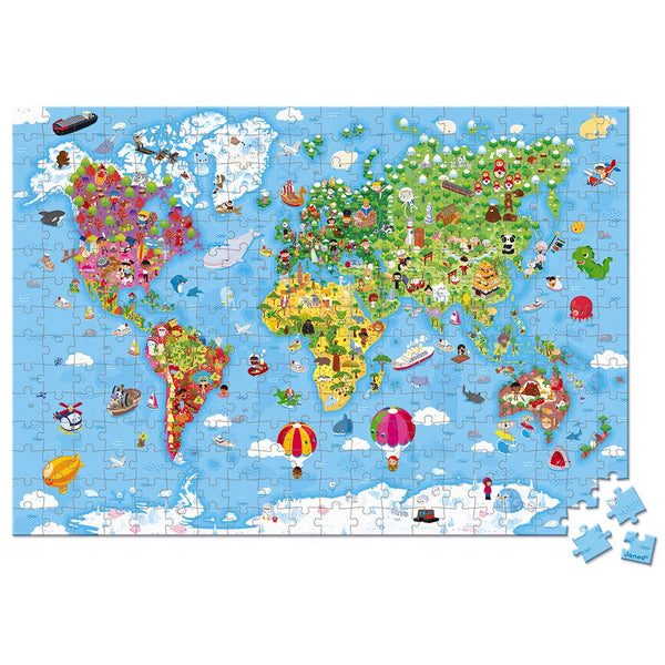 Children's world map puzzle with colorful illustrations on a white background