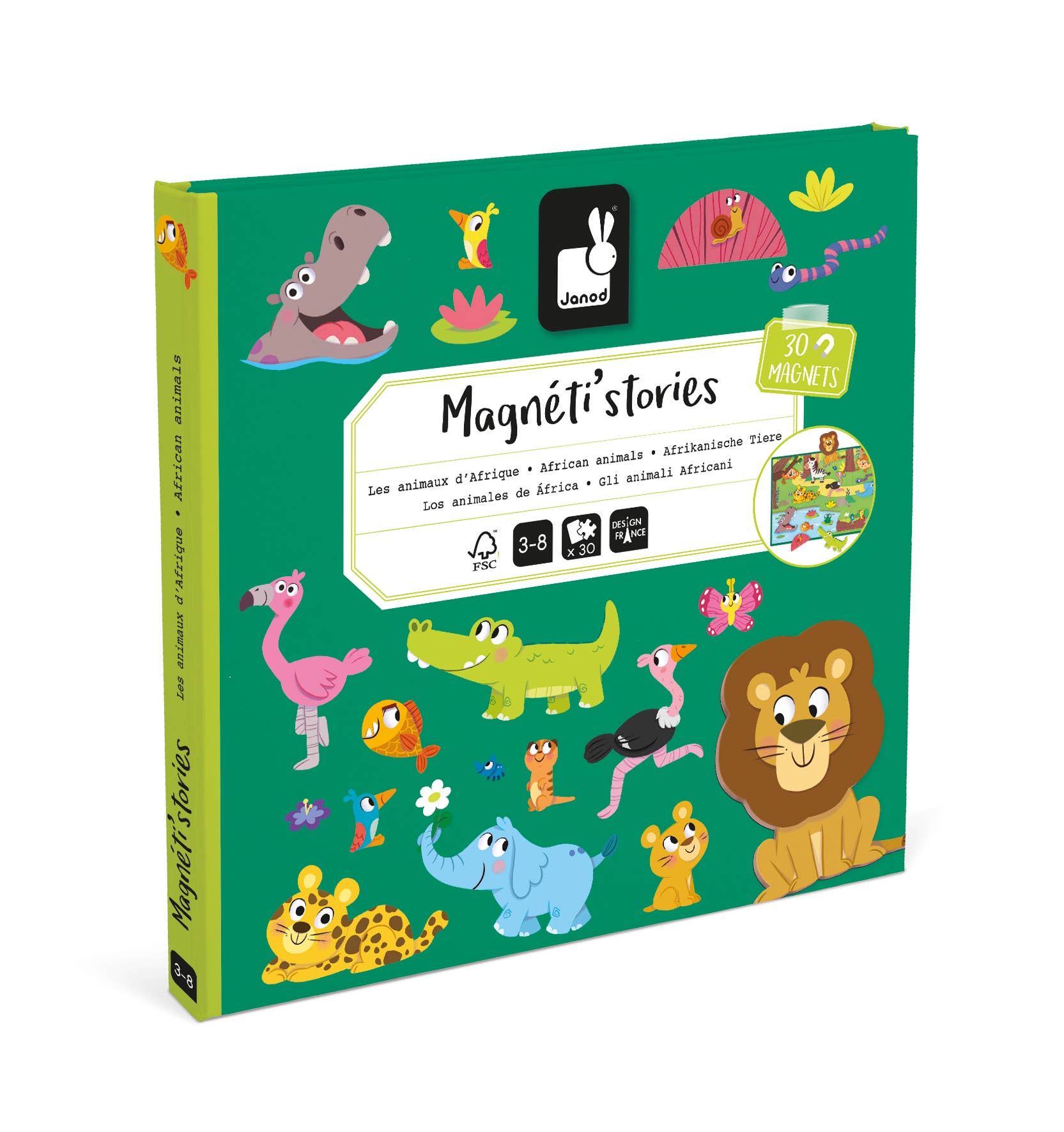 Box of Janod Magneti's Stories with colorful animal illustrations on a green background