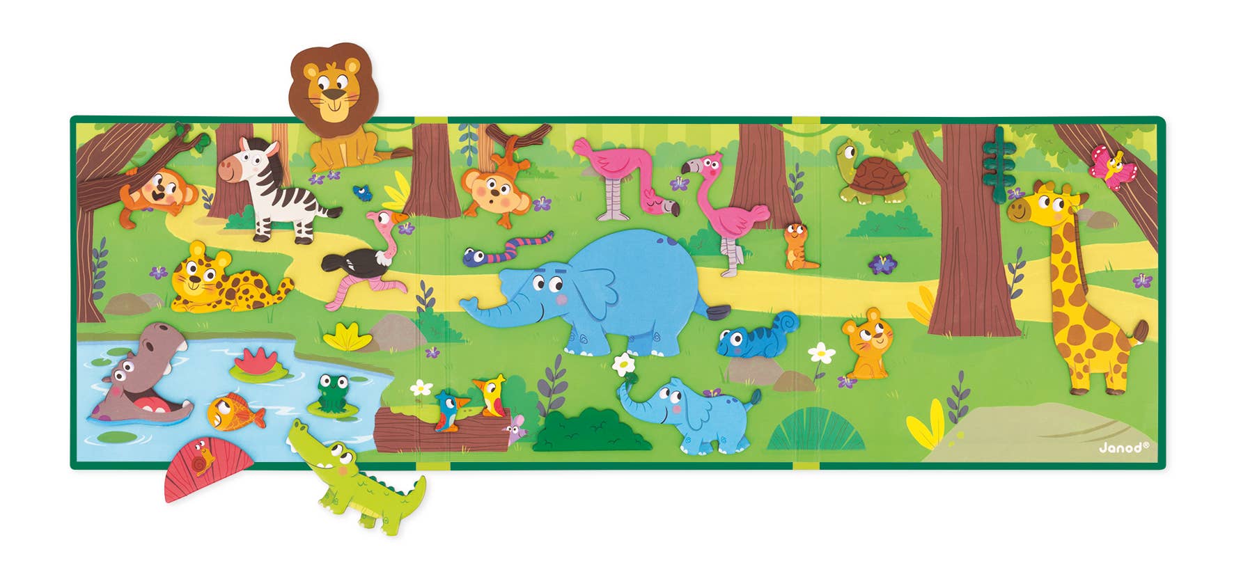 Children's rug with colorful animal illustrations on a white background