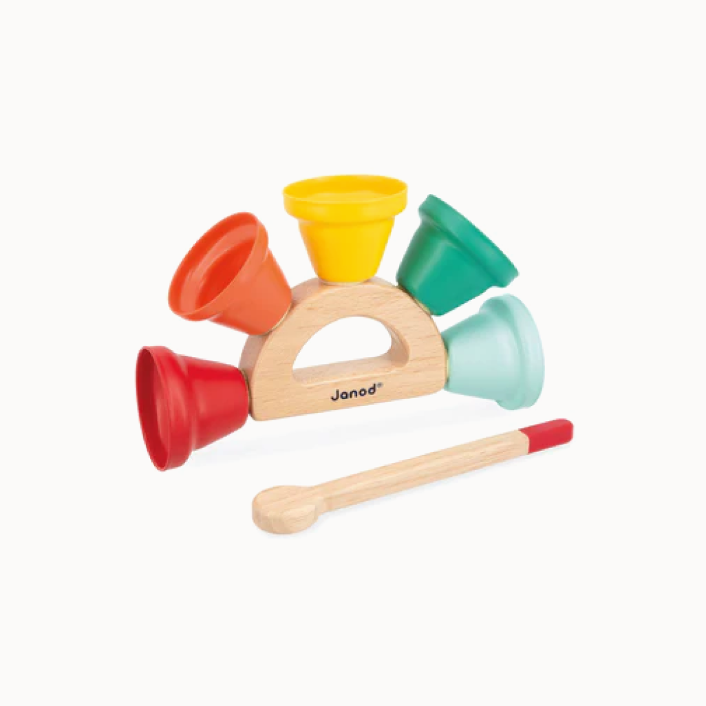 Colorful children's play set with wooden base and colorful cups on a white background