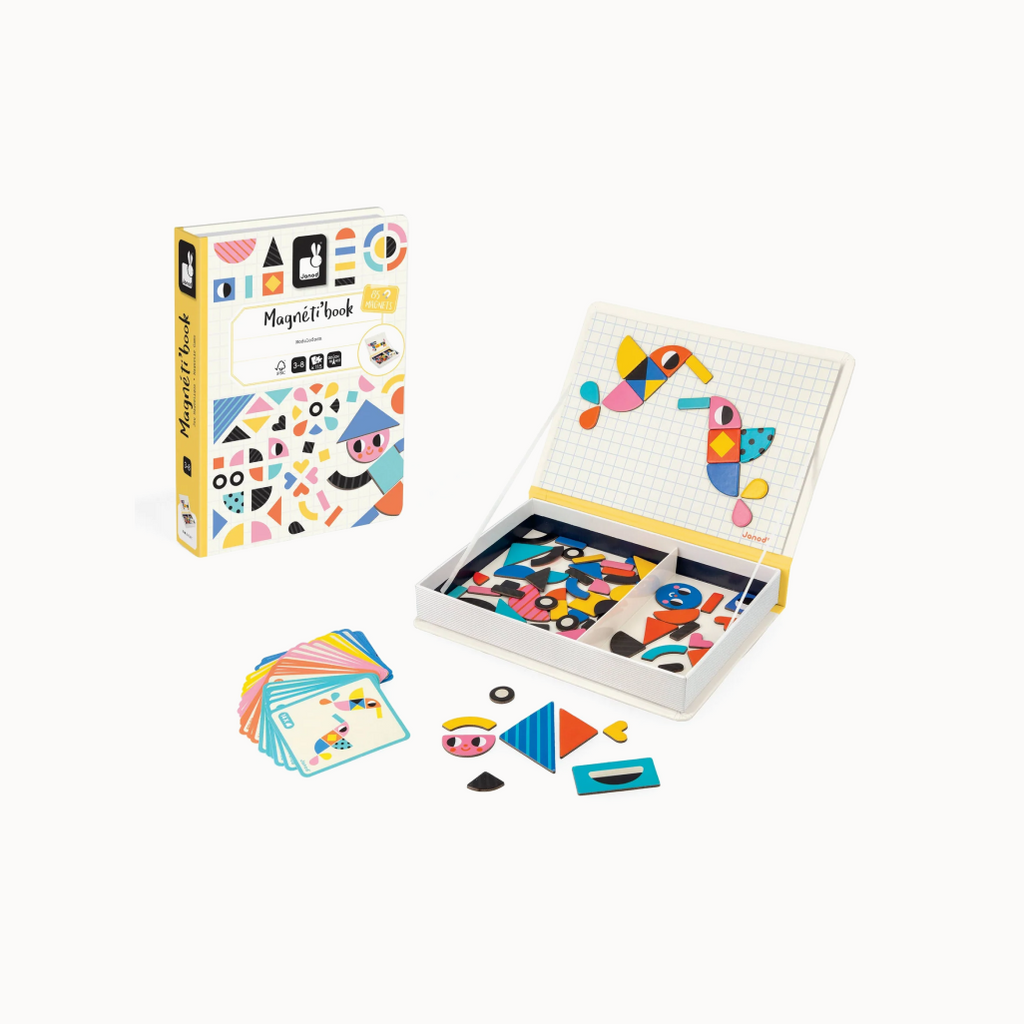 Colorful magnetic puzzle set with packaging on a white background