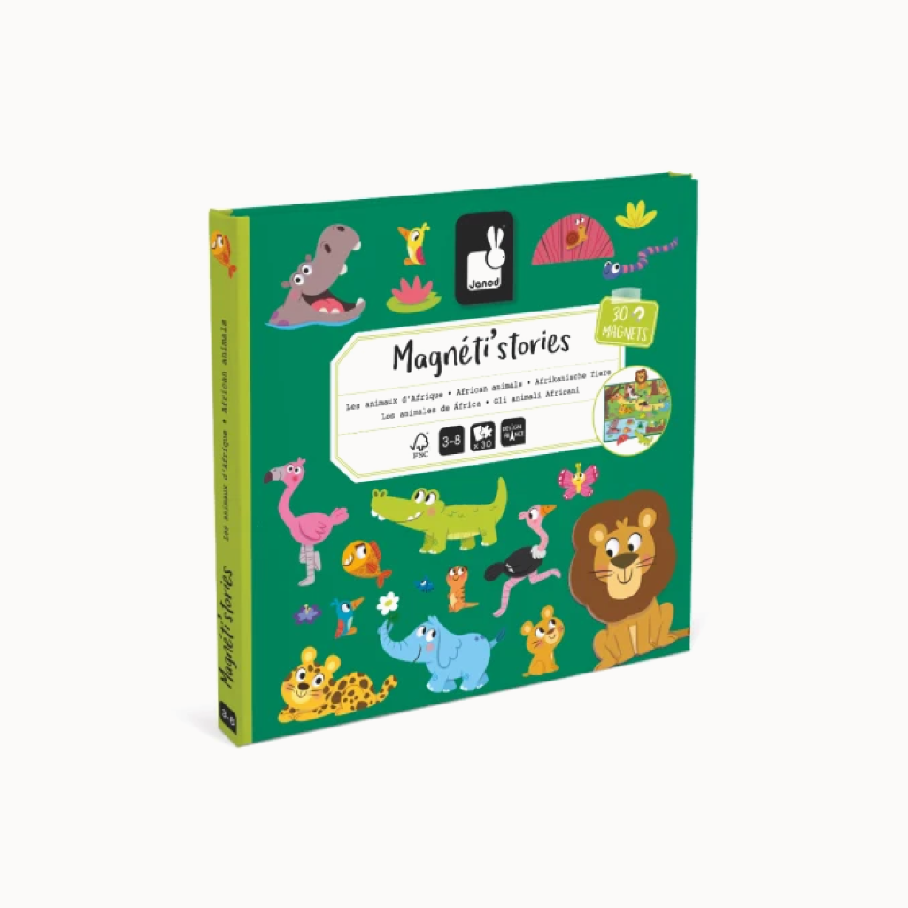 Box of Janod Magneti's Stories with colorful animal illustrations on a green background