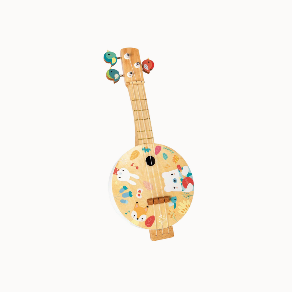 Children's ukulele with cartoon design on a white background