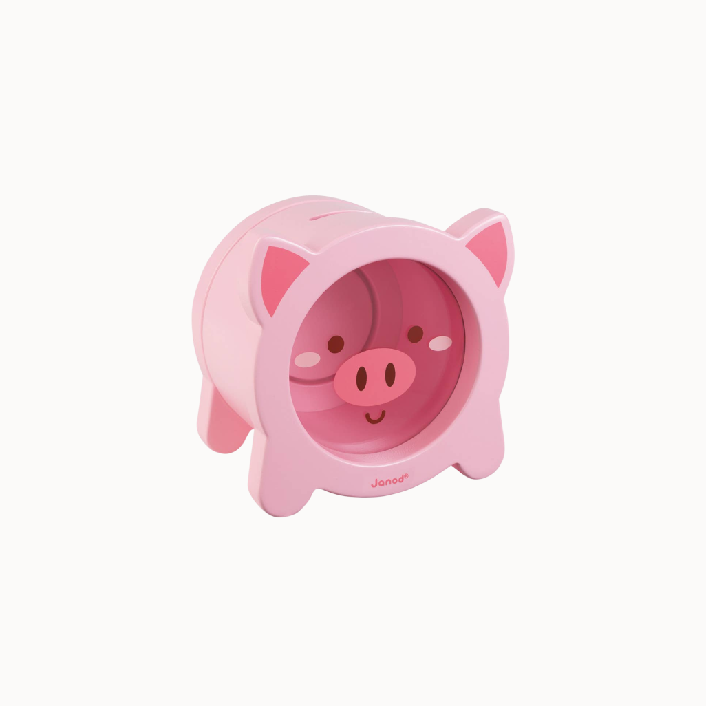 Pink pig-shaped container with a white background