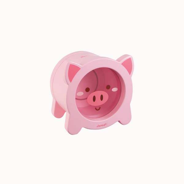 Pink pig-shaped container with a white background