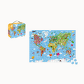 World map puzzle with colorful illustrations and a carrying case on a white background