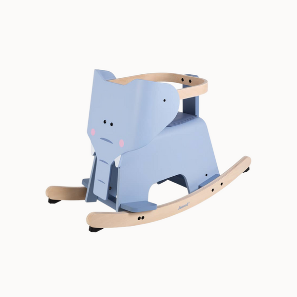 Blue elephant-shaped rocking toy on a white background