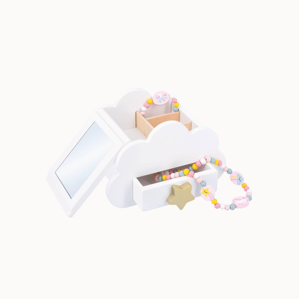 Children's jewelry set with cloud-shaped box on a white background