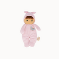 baby doll in pink outfit on white background