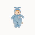 Plush toy baby doll in a blue outfit with a butterfly design on a white background