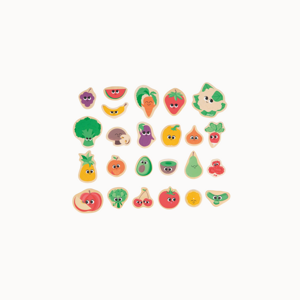 Set of colorful wooden fruit and vegetable toys on a white background