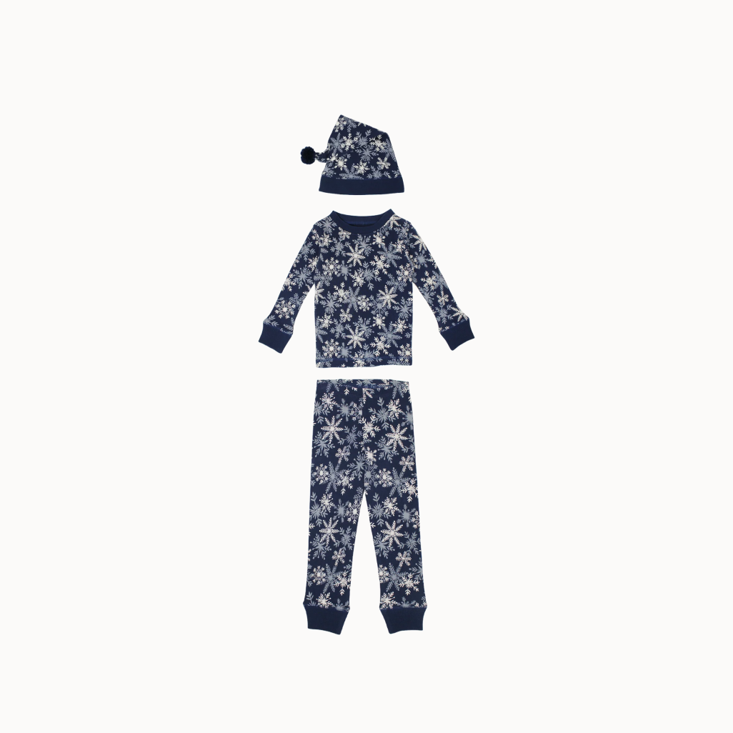 Hat and pajama set, navy blue with snowflake print