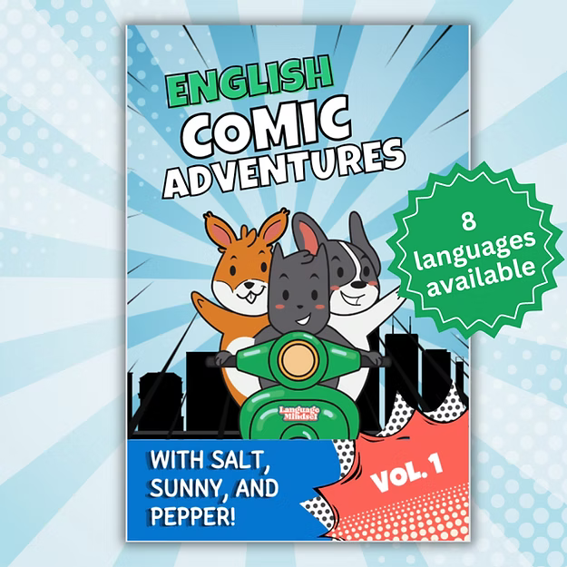 Book cover of 'English Comic Adventures' with cartoon characters on a blue and white background