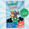 Book cover of 'English Comic Adventures' with cartoon characters on a blue and white background