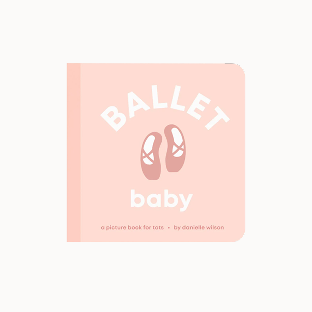 Book titled 'Ballet Baby' with ballet shoes illustration on a pink background
