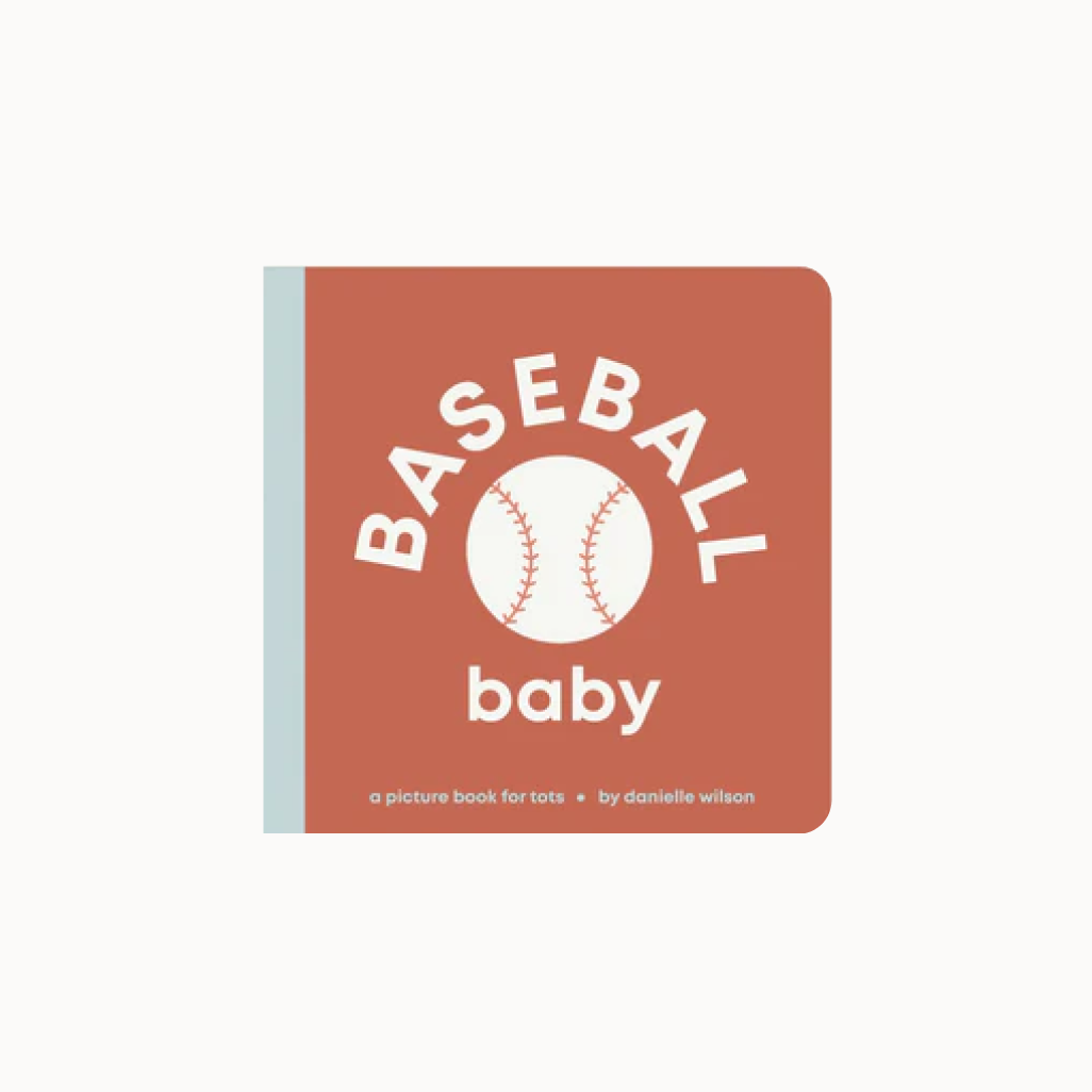 Book titled 'Baseball Baby' with a baseball graphic on a red background