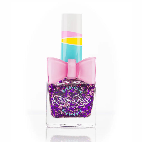 Nail polish bottle with a pink bow and colorful label on a white background
