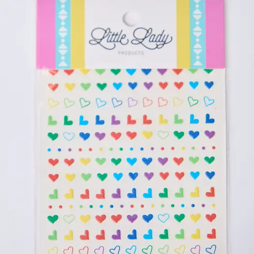 Pack of colorful heart-shaped stickers with 'Little Lady' branding on a white background