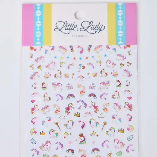 Sheet of colorful unicorn stickers with 'Little Lady' branding on a white background