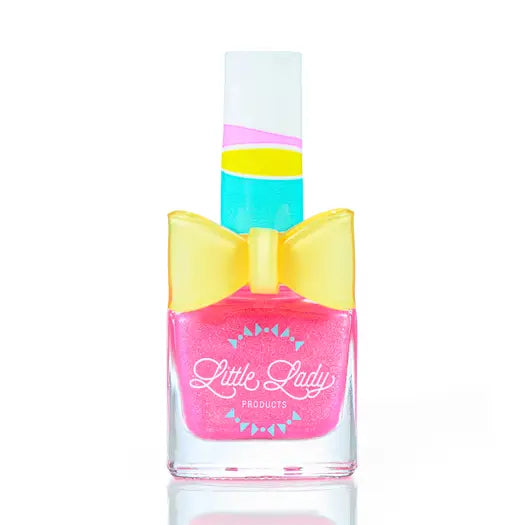 Pink nail polish bottle with a yellow bow and colorful cap on a white background