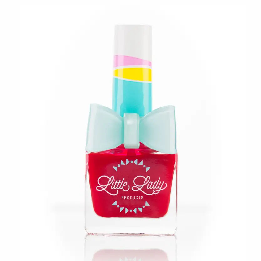 Red nail polish bottle with 'Little Lady Products' branding on a white background