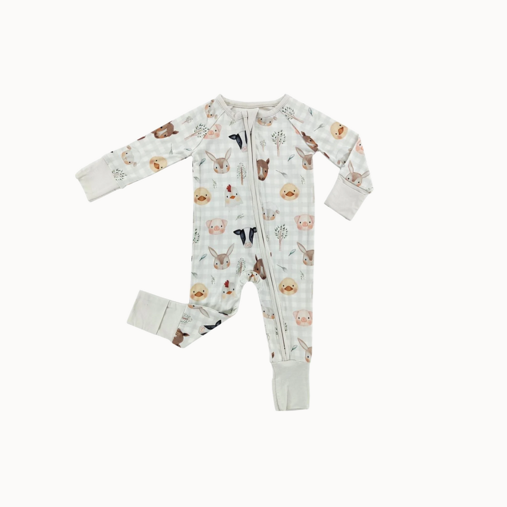 springtime baby animals on light gingham sleeper onesie
