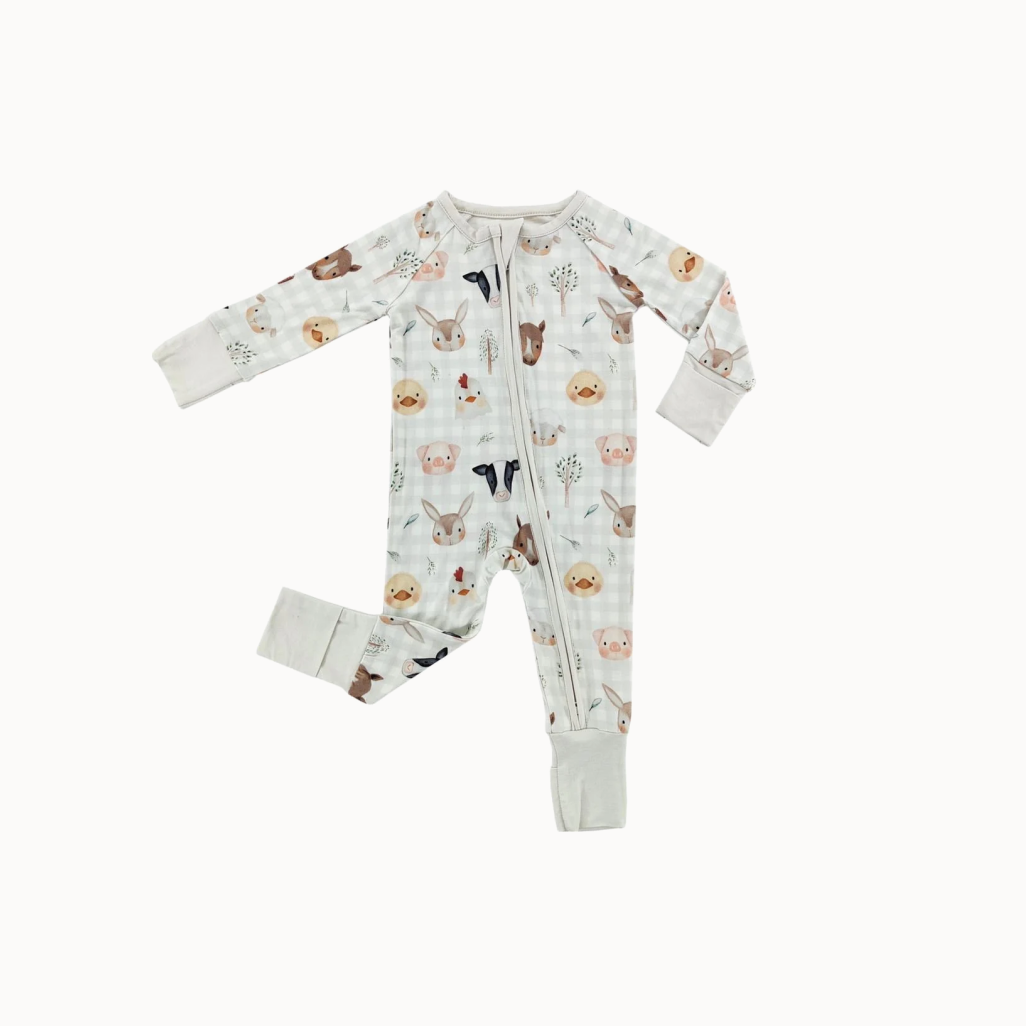 springtime baby animals on light gingham sleeper onesie