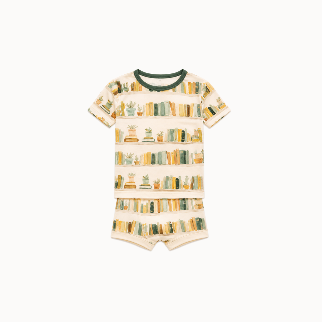 Library-patterned shirt and shorts set on a white background