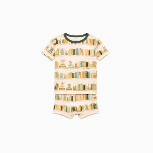 Library-patterned shirt and shorts set on a white background