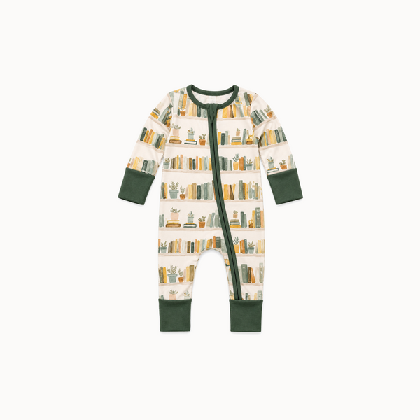 Library-patterned bodysuit on a white background.