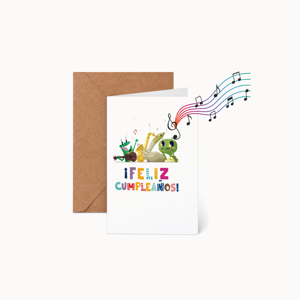 Greeting card with colorful illustrations of hands playing instruments and musical notes, featuring the text 'ifeliz cumpleaños!' on a white background.