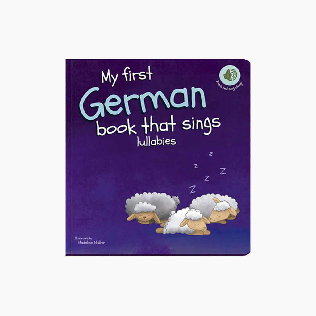 Children's book titled 'My first German book that sings lullabies' with sheep illustrations on a purple background.
