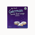 Children's book titled 'My first German book that sings lullabies' with sheep illustrations on a purple background.