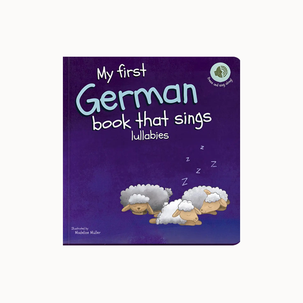 Children's book titled 'My first German book that sings lullabies' with sheep illustrations on a purple background.